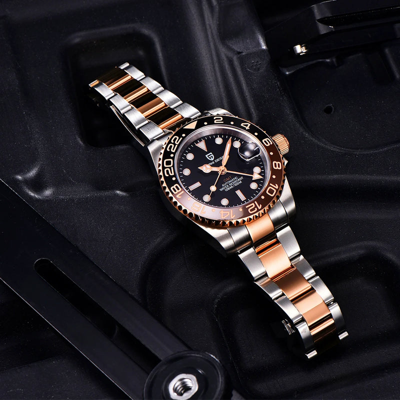 PAGANI DESIGN Rose Gold GMT Watch - Ceramic Bezel, Sapphire Glass, Automatic