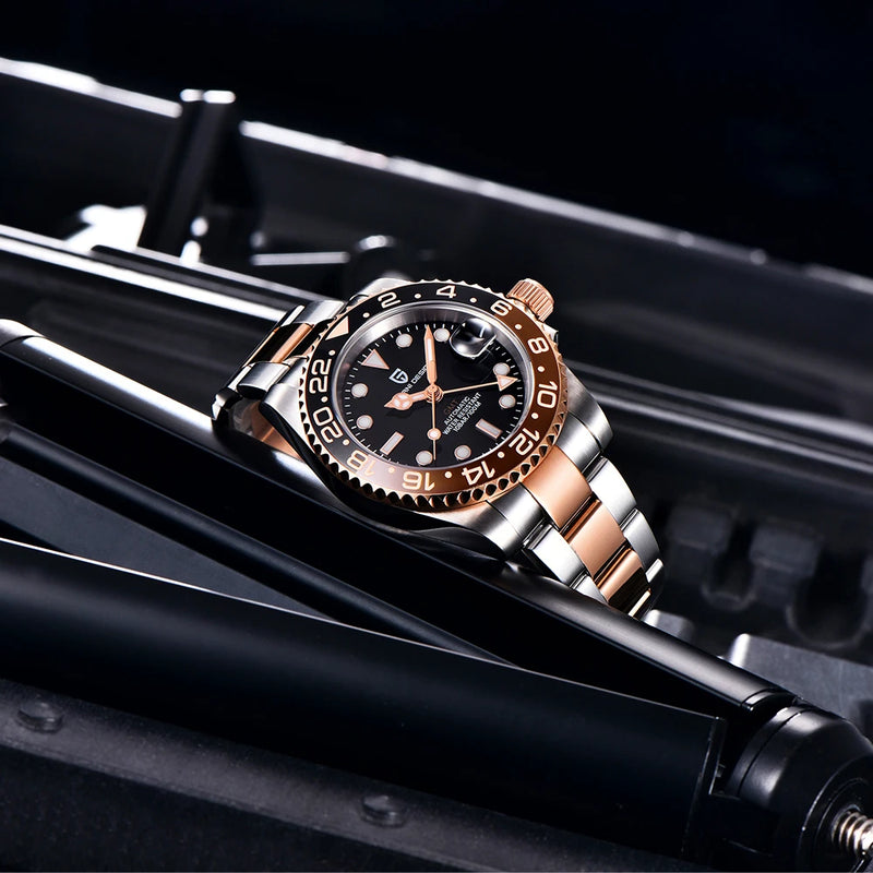 PAGANI DESIGN Rose Gold GMT Watch - Ceramic Bezel, Sapphire Glass, Automatic