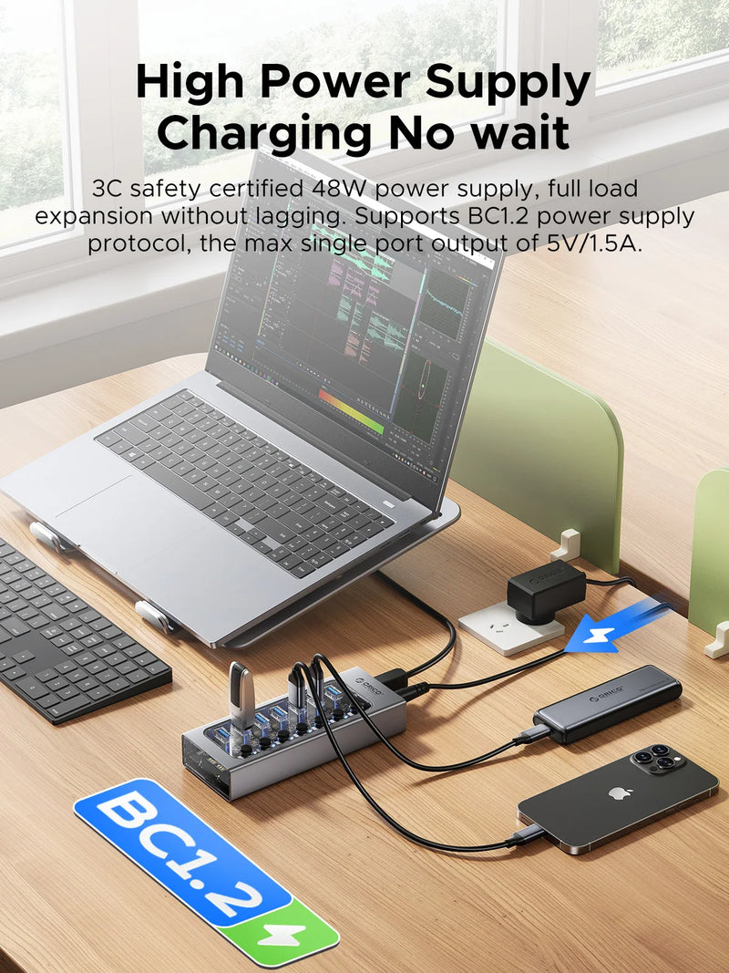 7-Port USB 3.0 Hub Splitter with Power Adapter