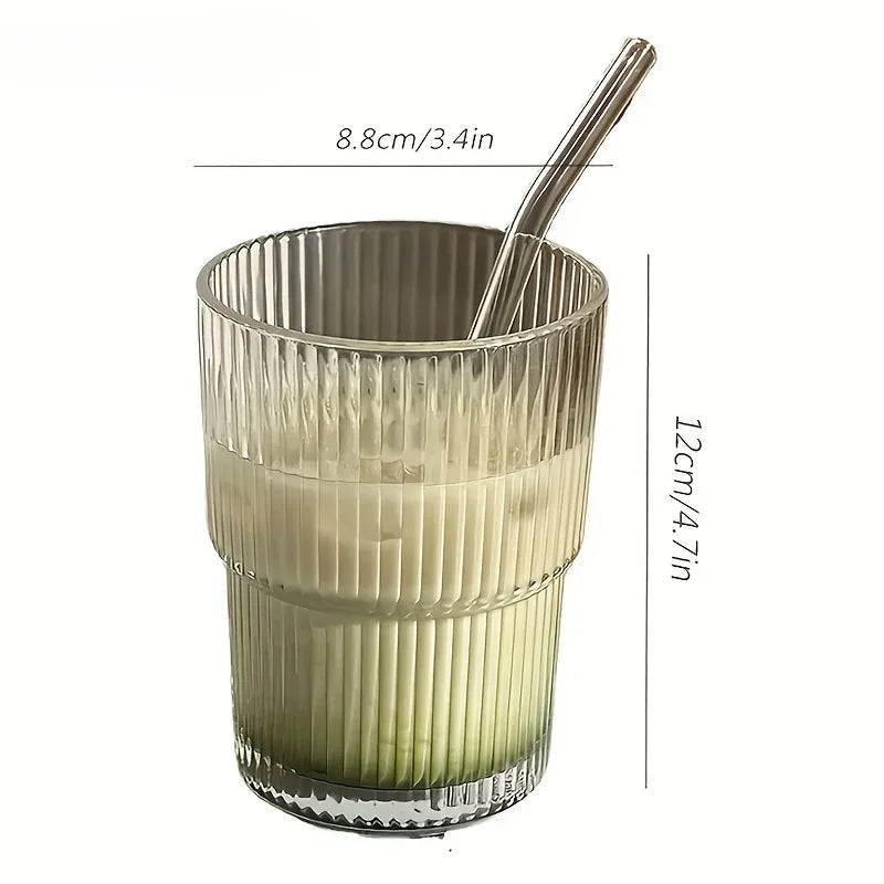 450ml Stripe Glass Cup with Lid and Straw