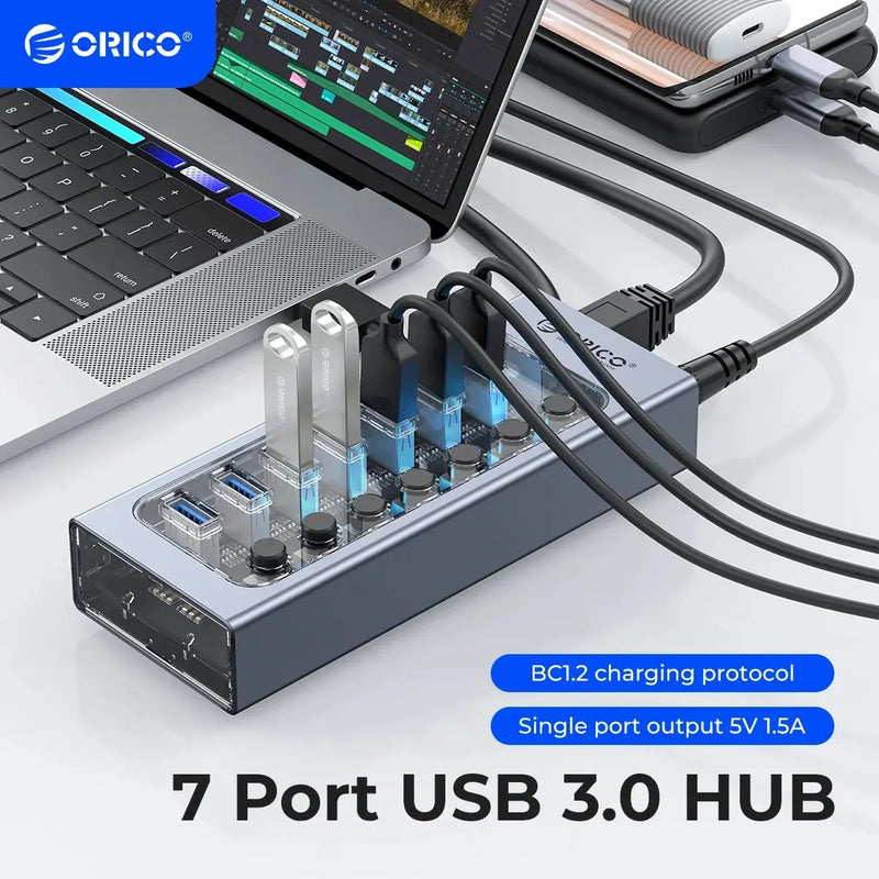 Hub divisor USB 3.0 de 7 portas com adaptador de energia