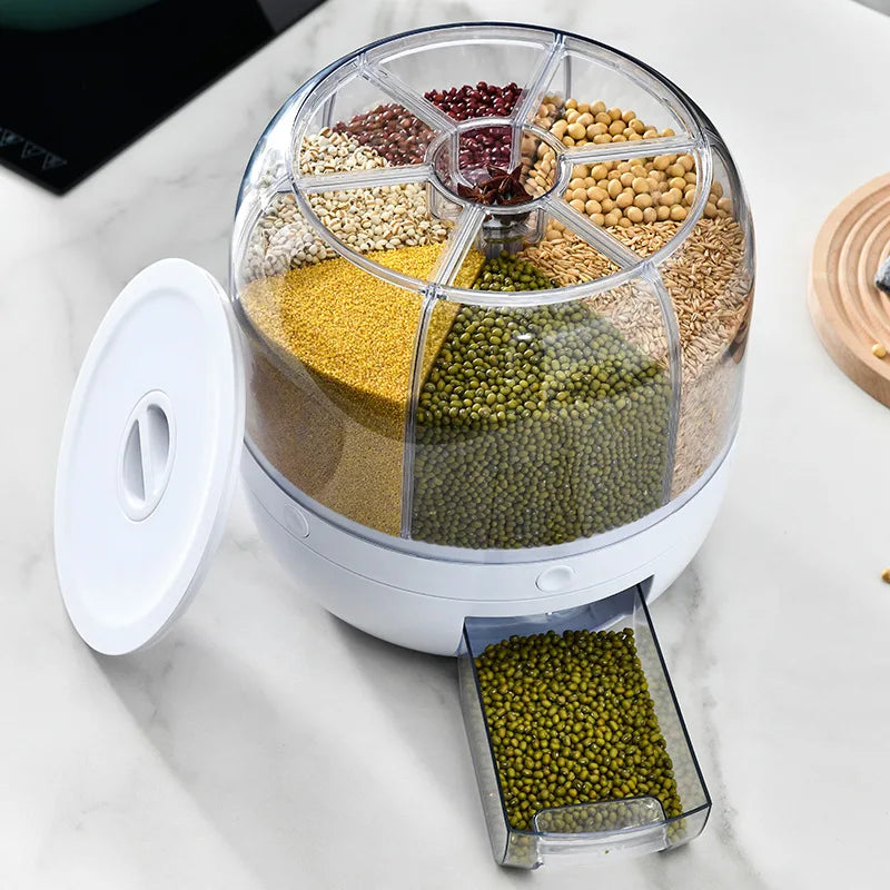 360° Rotating Rice Dispenser – Moisture-Proof, Multi-Compartment Food Storage for Grains, Beans, and Cereals