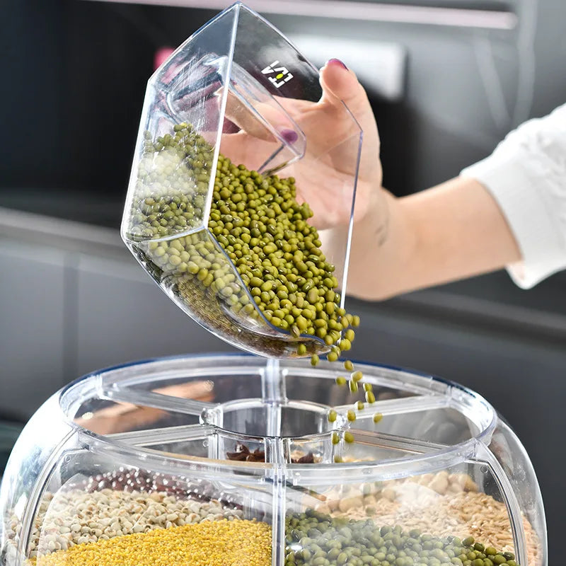 360° Rotating Rice Dispenser – Moisture-Proof, Multi-Compartment Food Storage for Grains, Beans, and Cereals