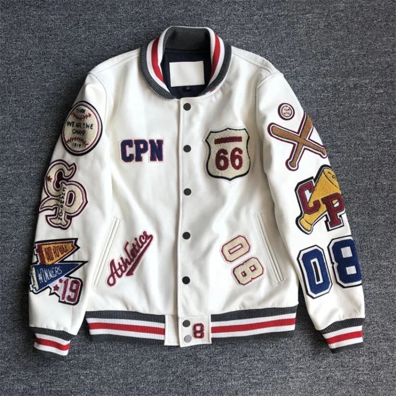 Men's Retro Leather Baseball Jacket with Embroidery