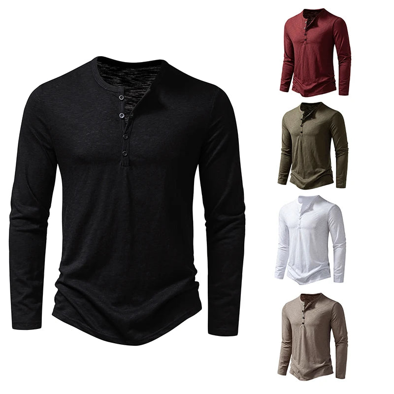 Men’s Long Sleeve Cotton Henley T-Shirt – Casual Spring Fashion