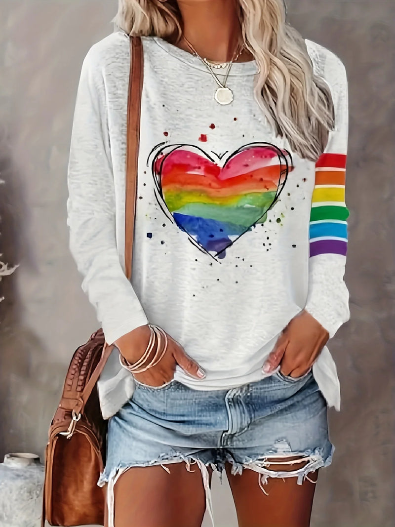 Rainbow Print Long Sleeve T-Shirt for Women – Casual Spring