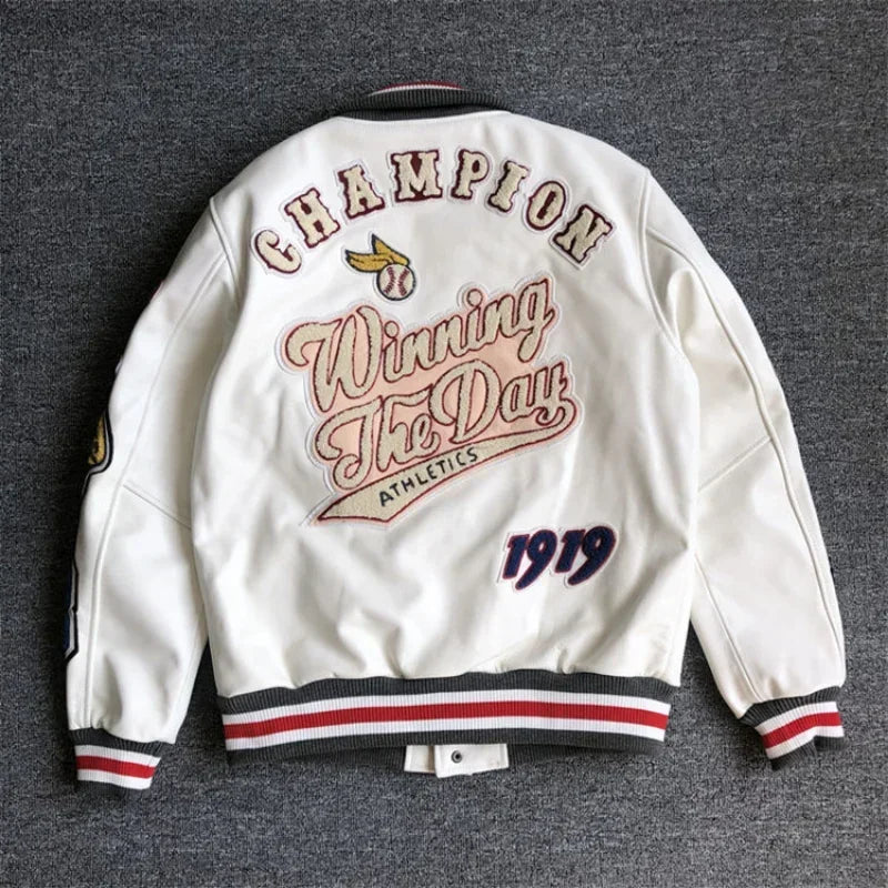 Men's Retro Leather Baseball Jacket with Embroidery