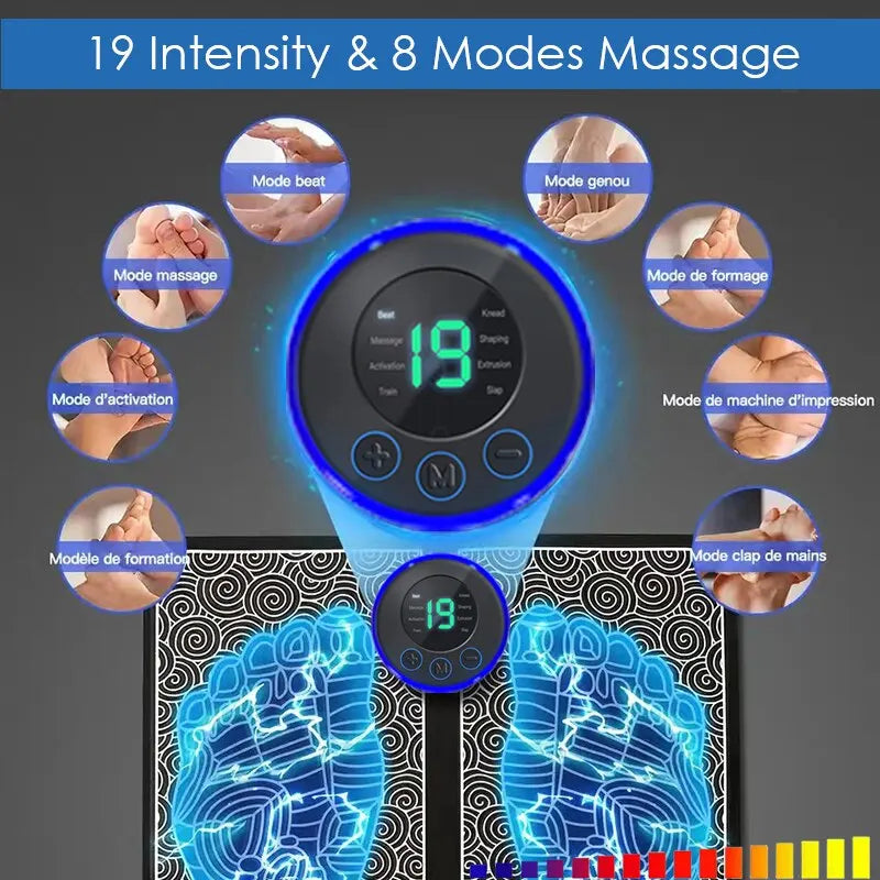 Almofada de massagem para pés recarregável USB – 8 modos e 19 níveis para relaxamento muscular