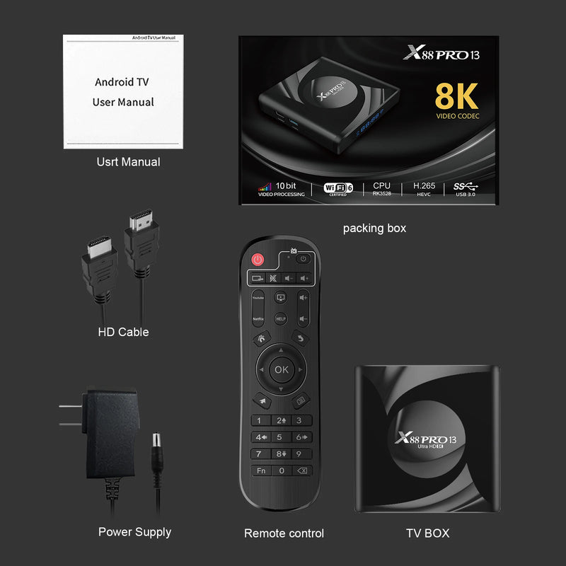 X88 Pro 8K Smart TV Box – Android 13.0, 2 GB/4 GB RAM, 16 GB/64 GB Speicher