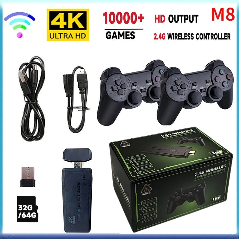 M8 Retro Game Stick with 10,000 Games – 4K, Dual Wireless Controllers