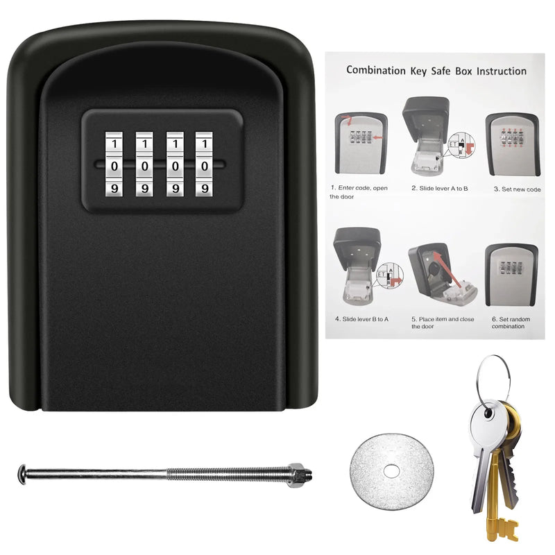 Black Metal Key Lock Box - 4-Digit Wall-Mounted Safe