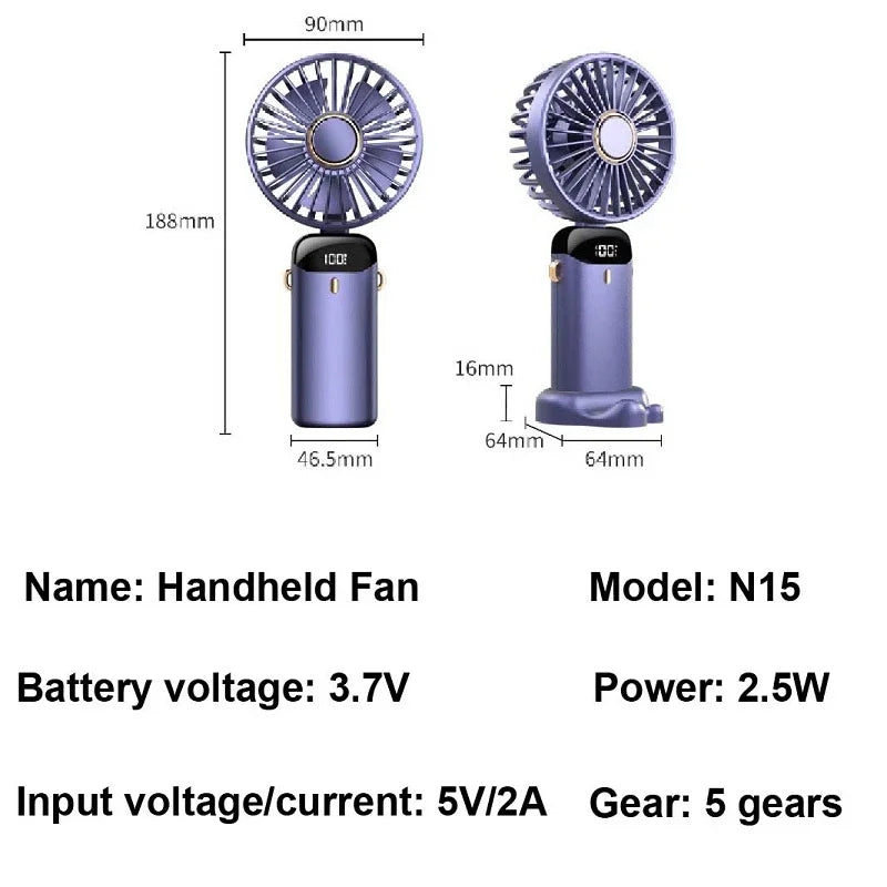 Mini ventilador USB portátil - dobrável, 5 velocidades, recarregável com suporte para telefone