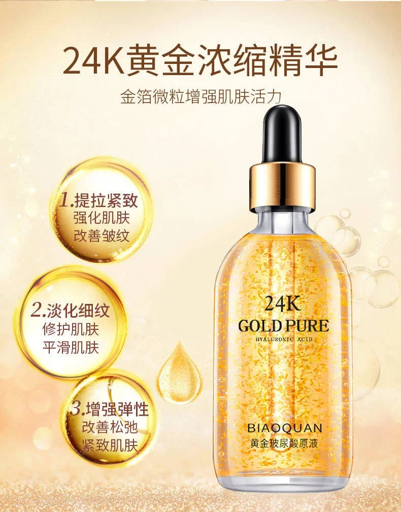 24k Gold &amp; Hyaluronic Acid Face Serum – Essência antienvelhecimento, clareadora e lifting