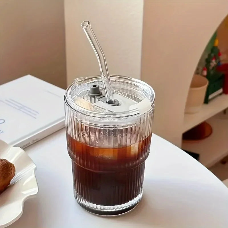 450ml Stripe Glass Cup with Lid and Straw