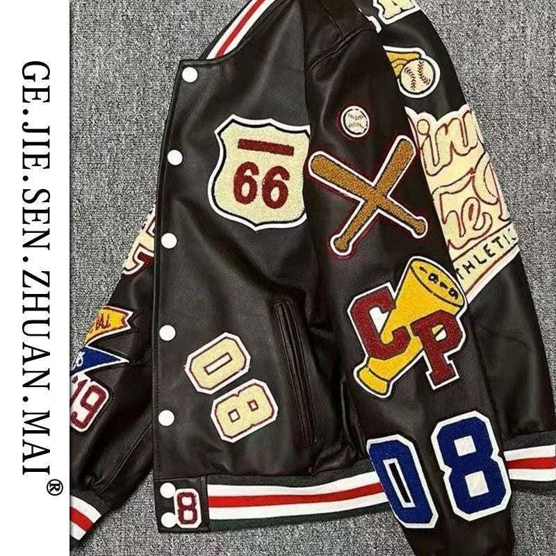 Men's Retro Leather Baseball Jacket with Embroidery