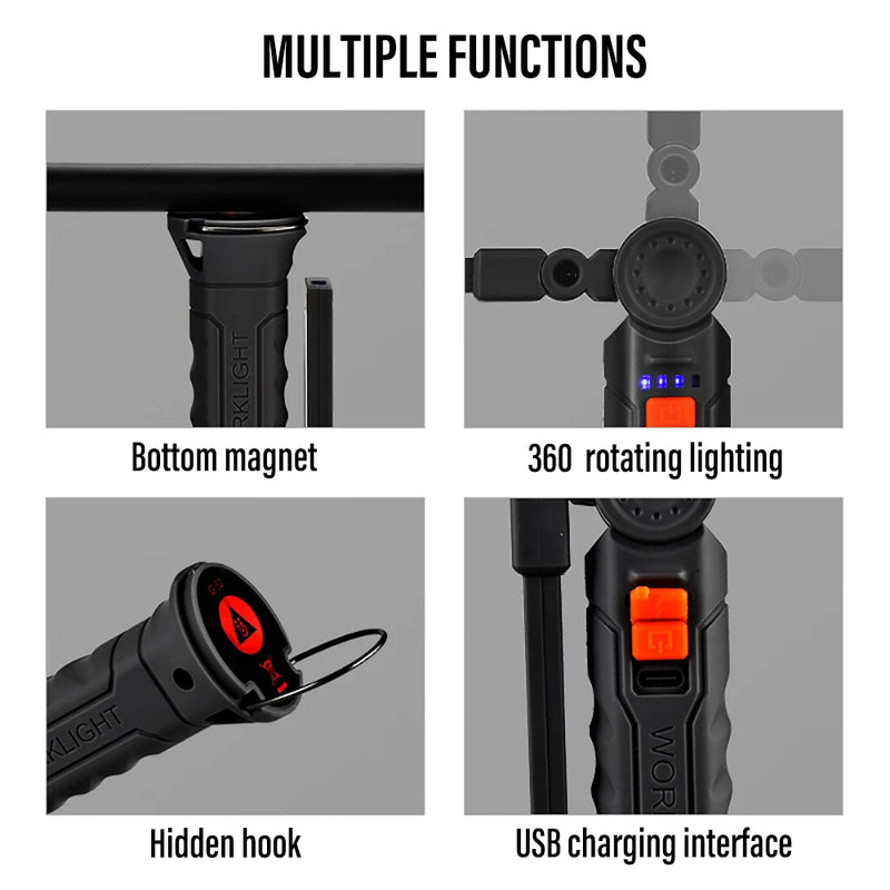 Wiederaufladbare LED-Arbeitstaschenlampe mit Magnet und Haken