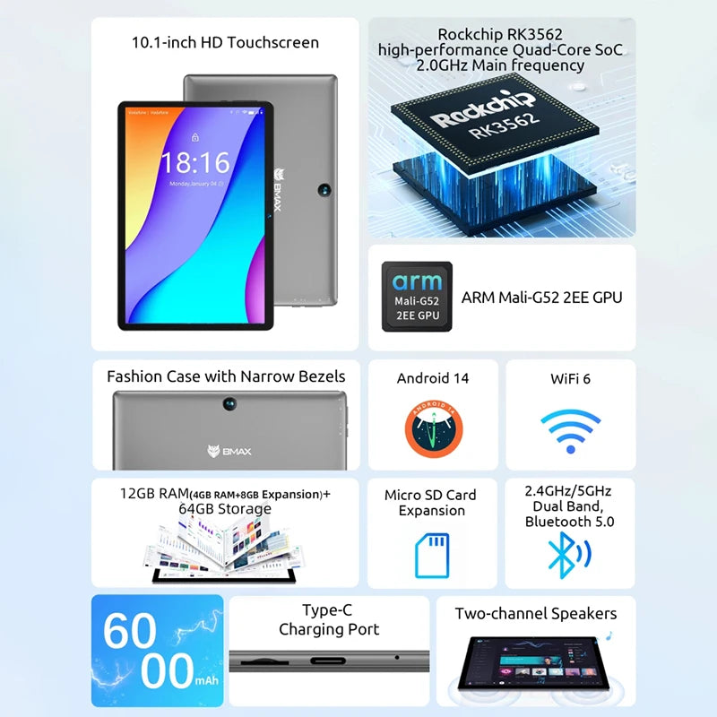 Tablet infantil BMAX I9 Plus - Android 14, 8 GB de RAM, 64 GB de armazenamento